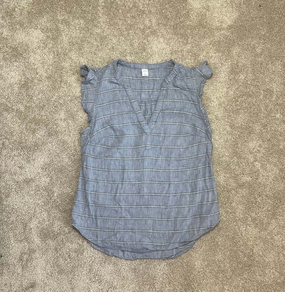 Old Navy Blue Striped Linen Blend V-Neck Ruffle Flutter Sleeve Blouse Top Small